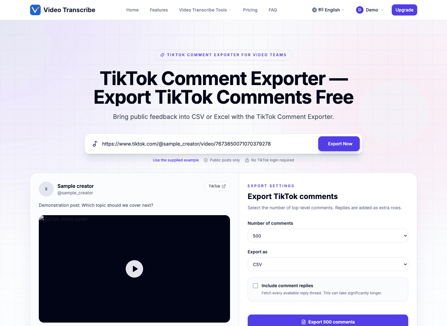 Video Transcribe TikTok Comment Exporter interface with illustrative sample data